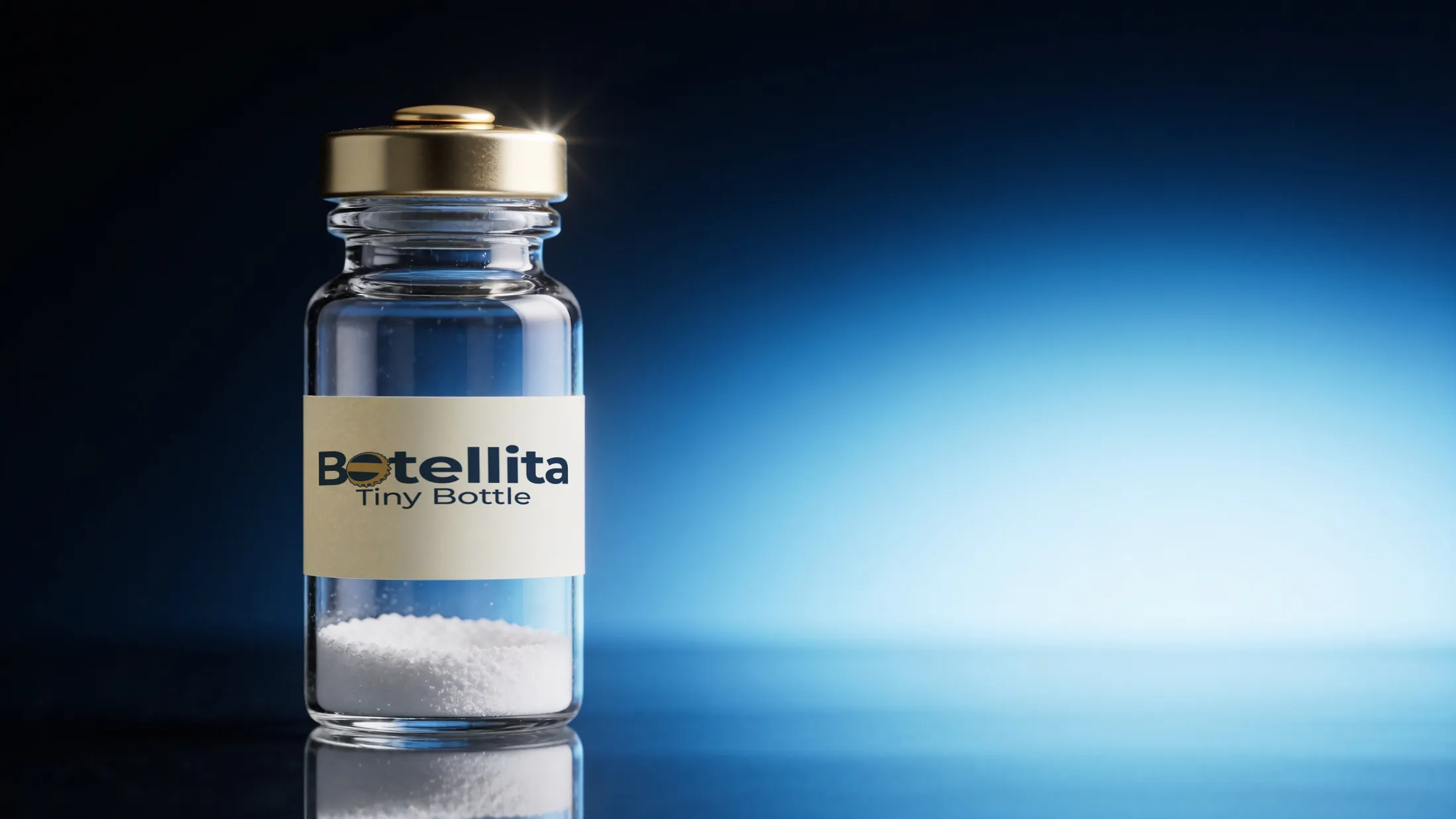 A sealed Pepe Botellita research vial holding a measure of lyophilized powder, lit on a deep blue studio background.